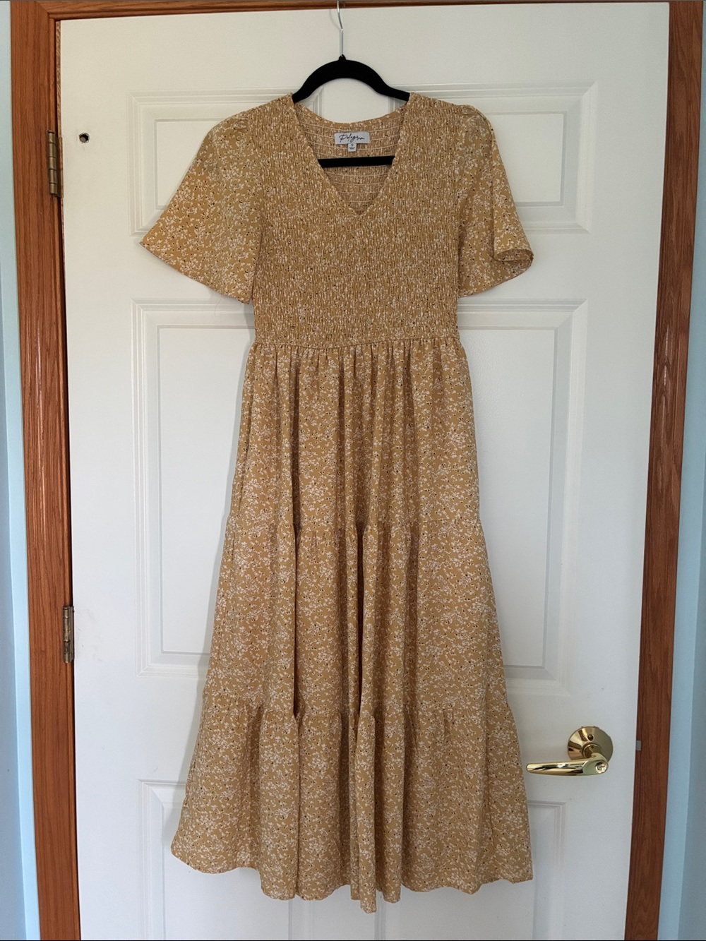 Polagram Mustard Floral Smocked V-Neck Maxi Dress